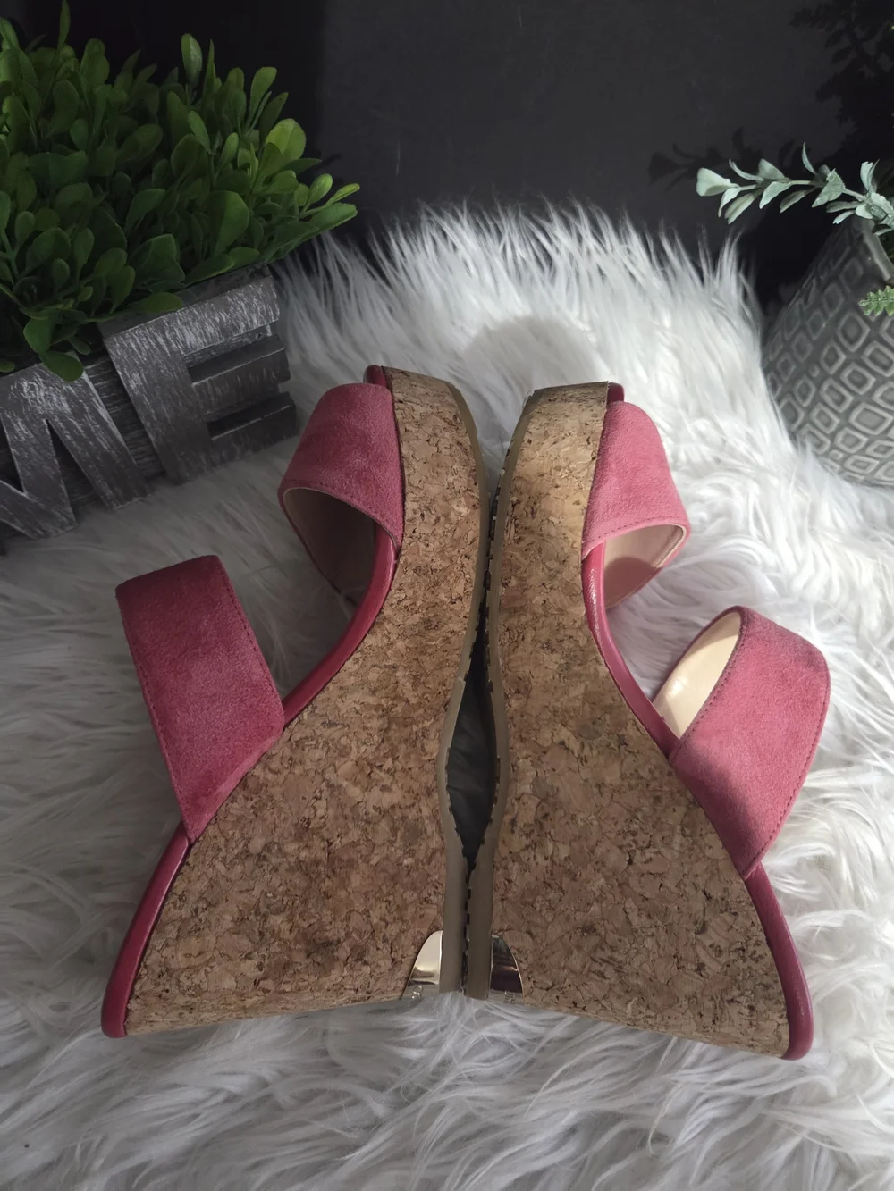 Jimmy Choo Pink Suede Cork Wedge Slide Sandals. Size 7.5, (37.5) women